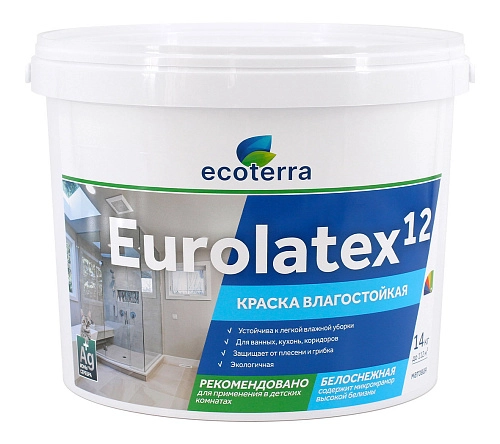 Краска влагостойкая ECOTERRA ВД-АК 2180 Eurolatex 12 белоснежная мат 14 кг / 1