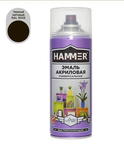 Эмаль универсальная акриловая HAMMER чёрная RAL 9005 матовая 520 мл / 0,27 кг/ 12