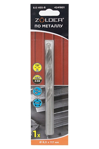 Сверло по металлу Zolder 4241801 8,0 мм HSS-R с цилиндр. хвост. (DIN338) /200