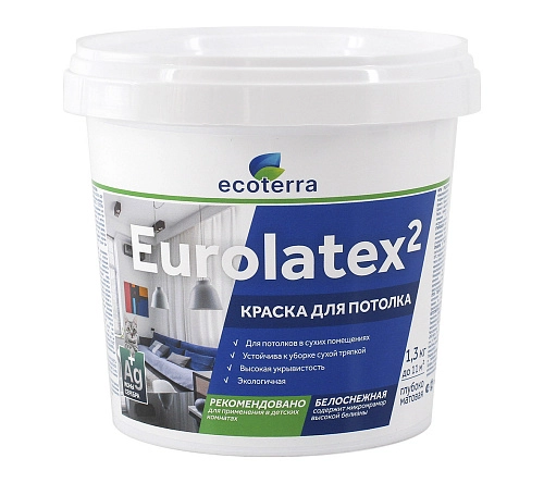 Краска для потолков ECOTERRA ВД-АК 2180 Eurolatex 2 белоснежная мат 1,3 кг / 9