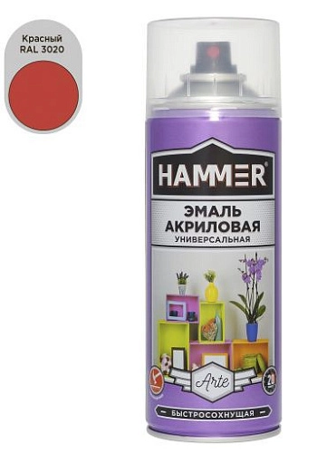 Эмаль универсальная акриловая HAMMER красная RAL 3020 высокоглянцевая 520мл / 0,27кг/ 12