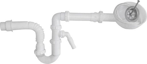 Сифон Пилот под стиральную машину Aquant SP1025-20-MR Ø70 мм с одним отводом, гибк. трубой Ø40-40/50 мм и мет. реш. /20