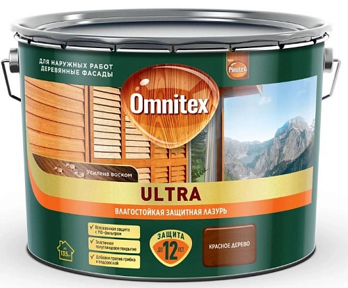 Влагостойкая лазурь для наружных работ Omnitex Ultra красное дерево 9 л