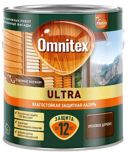 Влагостойкая лазурь для наружных работ Omnitex Ultra орех дерево 2,5 л