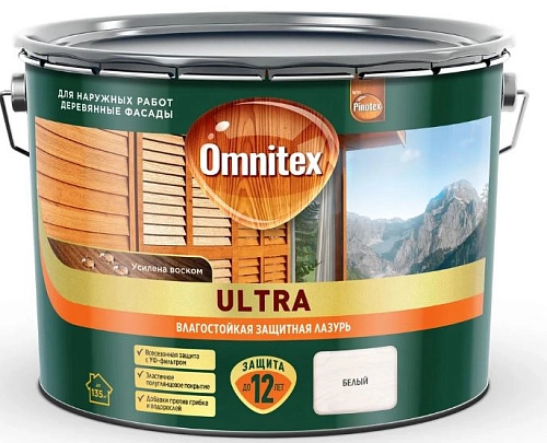 Влагостойкая лазурь для наружных работ Omnitex Ultra белый 9 л