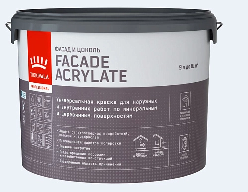 Краска для фасадов и интерьеров Tikkurila Facade Acrylate База C акрилатная гл/мат 9 л / 1