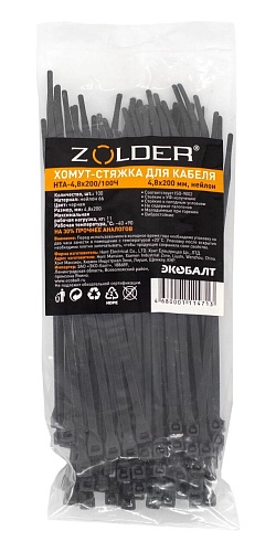 Стяжка для кабеля Zolder HTA-4,8х200/100Ч 200х4,8 мм нейлон черная (100 шт) /100