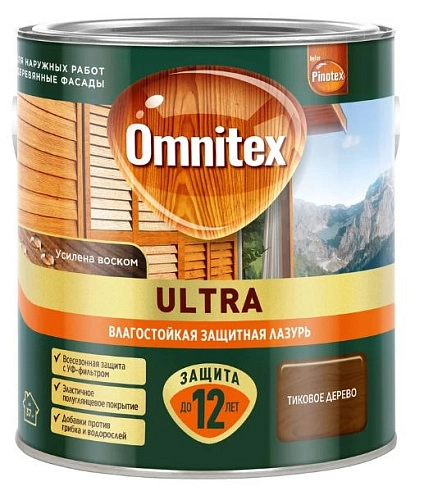 Влагостойкая лазурь для наружных работ Omnitex Ultra тик дерево 2,5 л