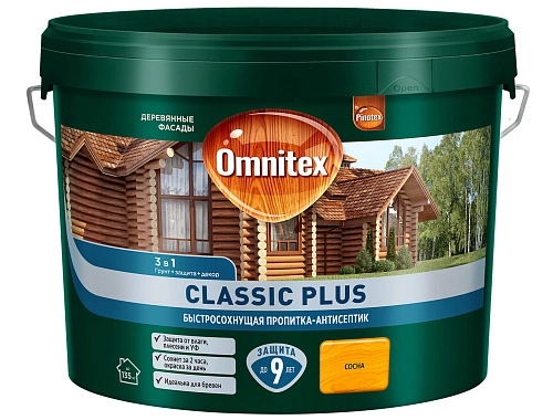 Пропитка-антисептик Omnitex Classic Plus 3 в1 быстросохнущая сосна 9 л / 1