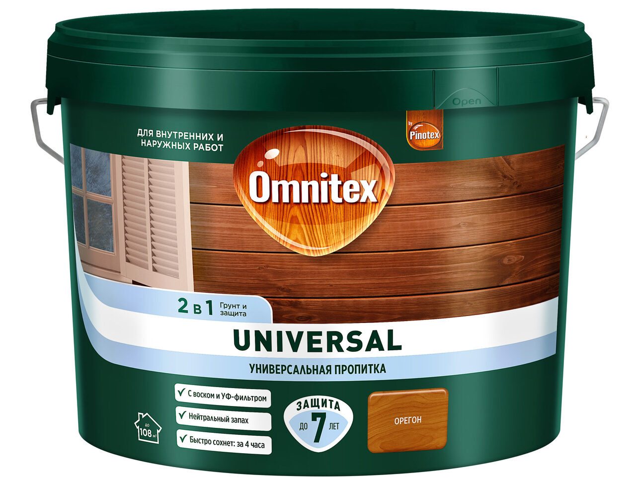 Пропитка для защиты древесины Omnitex Universal 2 в 1 орегон 9 л / 1