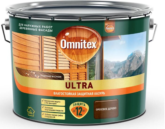 Влагостойкая лазурь для наружных работ Omnitex Ultra орех дерево 9 л
