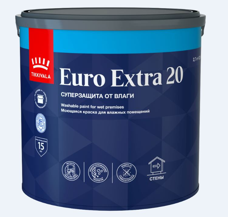 Краска для влажных помещений В/Д Tikkurila Euro 20 A / Euro Extra 20 п/мат 2,7 л / 1