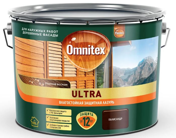 Влагостойкая лазурь для наружных работ Omnitex Ultra палисандр 9 л
